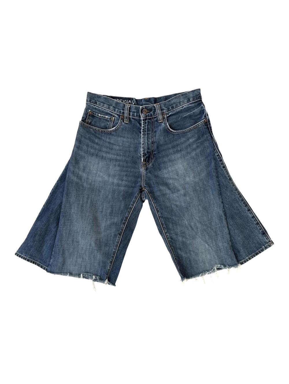 Upcycled Denim Bermuda Shorts High Rise Raw Hem 30W Reworked